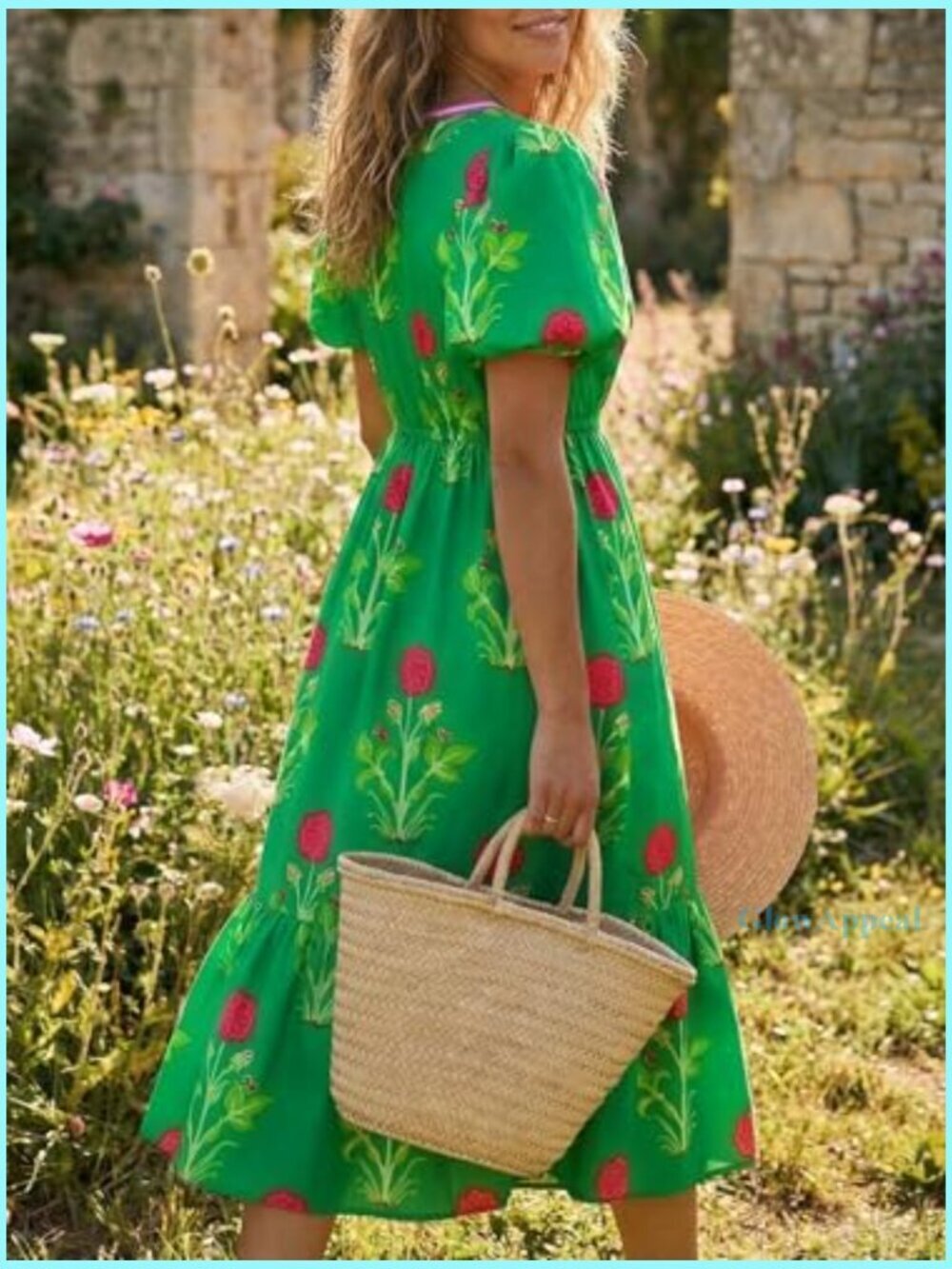 Summer Maxi Dress Floral Print A-Line Puff Sleeve V-Neck Boho Beach - Picture 3 of 7